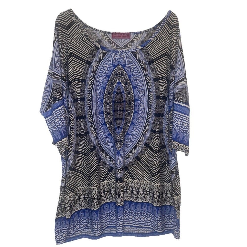 Melissa Masse Black‎ Blue Patterned Scoop Neck Tunic Top Blouse Plus Sz 3X